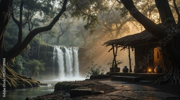 Fototapeta Serene off-grid jungle retreat with waterfall sanctuary and traditional shelter at golden hour