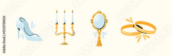 Obraz Set of wedding stickers high heel shoe, candelabra with candles, hand mirror, and gold rings. Flat vector illustration on light background. Bridal accessories and wedding ceremony concept