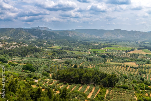 Fototapeta Panoramic view of the Alpilles and fields from Les Baux de Provence, France