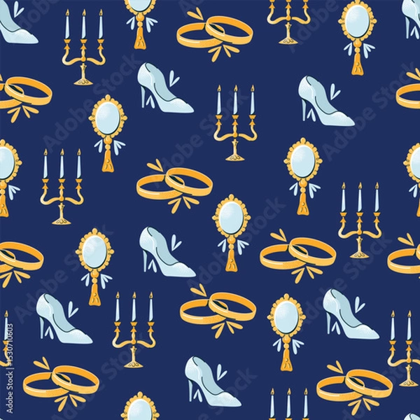 Obraz Seamless pattern wedding stickers high heel shoe, candelabra with candles, hand mirror, and gold rings. Flat vector illustration on background. Bridal accessories and wedding ceremony concept