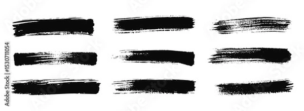 Obraz Asian ink brush strokes, black hand drawn stripes, rough grunge paint texture, Chinese Japanese Korean calligraphy brushstrokes set, straight line vector illustration, smears, sketch lines.