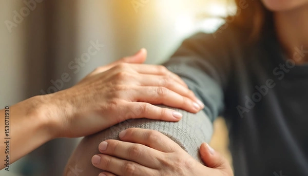 Fototapeta Support and compassionate gesture with gentle hand on shoulder in warm lighting.