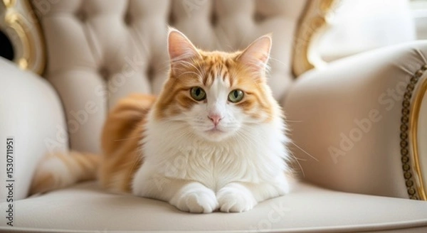 Obraz A fluffy orange and white cat is resting on a fancy white chair with ornate gold trim details