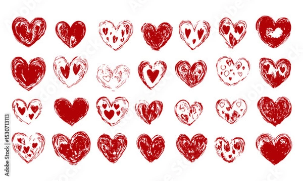 Obraz Valentine's day sketch, red doodle hearts set, quirky grungy ink brush pen, hand-drawn love symbols, vintage heart shaped grunge design elements, vector illustration, romantic art.