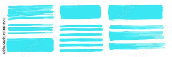 Obraz Vector illustration light blue highlighter set, hand drawn brush pen, cyan highlight strokes, turquoise marker stripes, underline emphasize, simple text frames, office supplies.