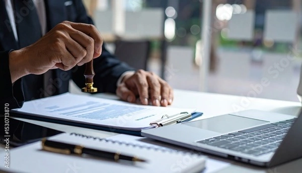 Obraz Man stamping approval on financial, banking, or investment documents at his desk official paperwork. rubber stamp with contract law and business documentation for legal agreements financial
