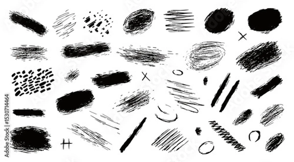 Obraz Street art graphic set, scribble lines and hatches, crosses and sketch ovals, hand drawn pencil strokes, grunge texture pack. Vector illustration, minimal strokes, isolated art.