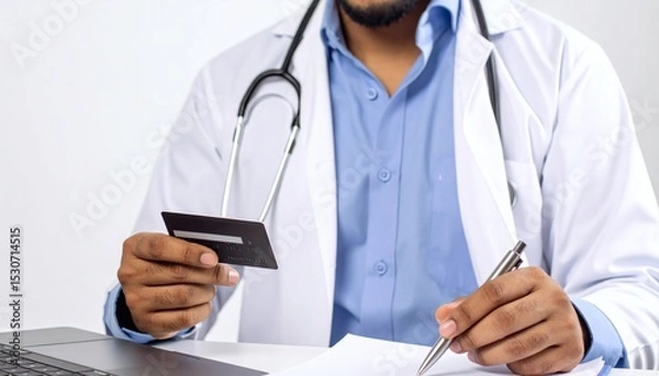 Obraz A Close-up of a doctor making online medical payment with credit card. Health insurance, hospital billing, and digital finance in healthcare industry. Business concept.