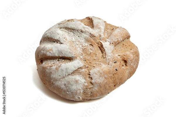 Fototapeta Freshly baked round artisan bread loaf with a golden-brown crust, deep scoring, and a dusting of flour. Traditional handcrafted texture, isolated on white background