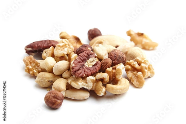 Fototapeta A variety of mixed nuts, including pecans, walnuts, cashews, hazelnuts, and almonds, arranged on a white background, showcasing textures and natural colors