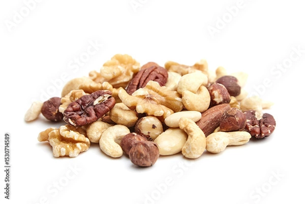 Fototapeta A nutritious assortment of cashews, walnuts, pecans, hazelnuts, and almonds piled on a clean white surface, emphasizing texture and natural variety