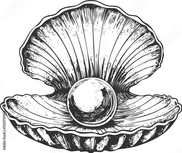 Obraz Seashell with Pearl Sketch - Hand-Drawn Ocean Treasure Illustration

