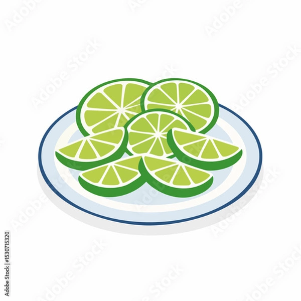 Fototapeta Flat Design Illustration of Lime Slices on Blue Plate with Sparkle Accents

