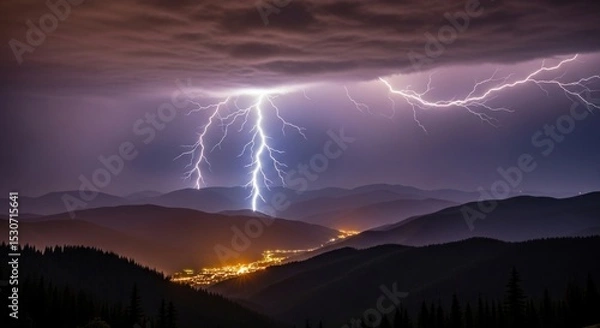 Obraz A dramatic landscape view featuring lightning striking over a mountain range and a glowing city below