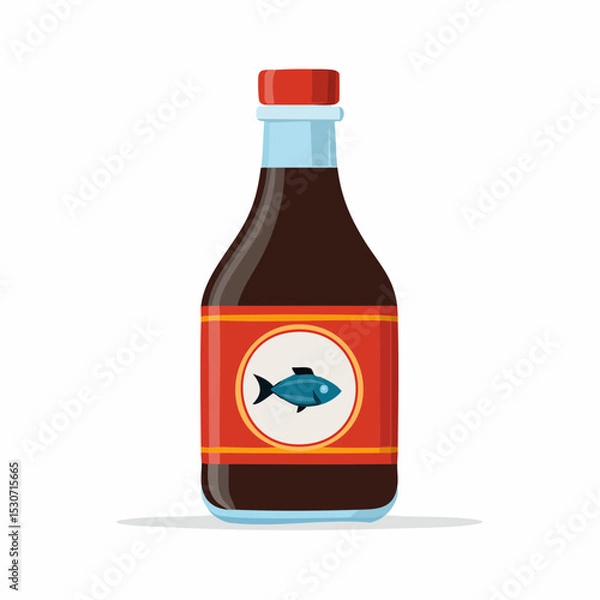 Fototapeta Cartoon Illustration of Fish Sauce Bottle with Red Cap and Decorative Leaves


