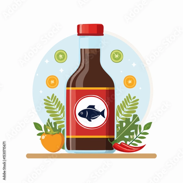 Fototapeta Cartoon Illustration of Fish Sauce Bottle with Red Cap and Decorative Leaves

