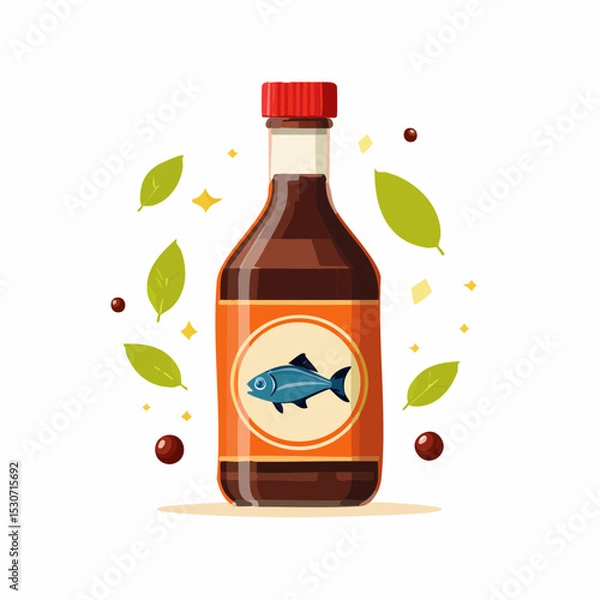 Fototapeta Cartoon Illustration of Fish Sauce Bottle with Red Cap and Decorative Leaves


