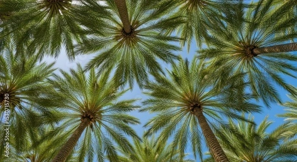Obraz A low angle shot of several palm trees with green fronds against a bright blue sky on a sunny day