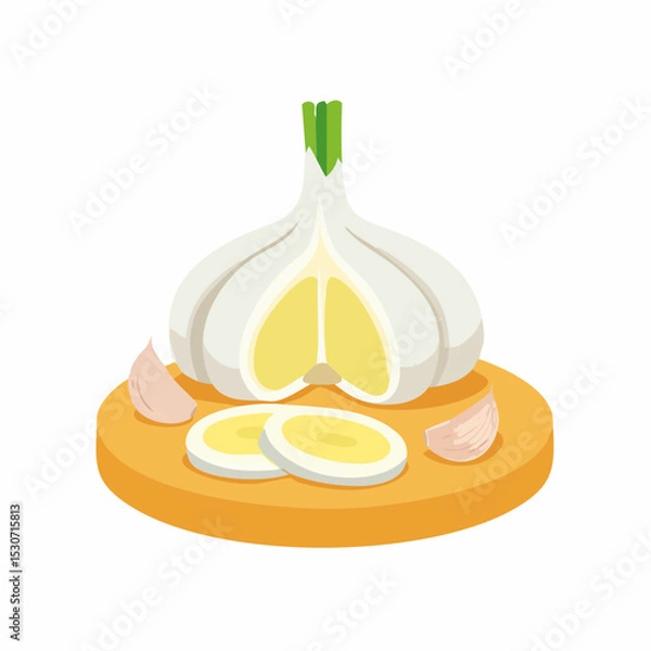 Fototapeta Garlic Bulb with Sliced and Whole Cloves on Cutting Board Illustration


