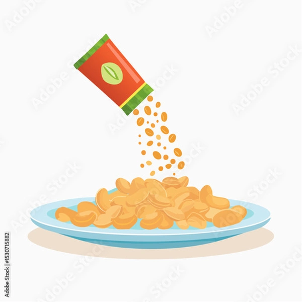 Fototapeta Salted Cashew Nuts Being Sprinkled from Package onto Plate

