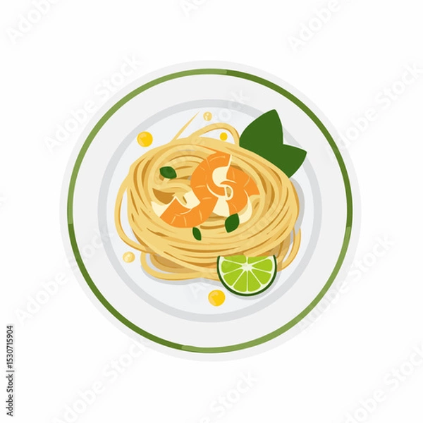 Fototapeta Flat Lay Illustration of Spaghetti with Lemon and Herbs on Dark Plate

