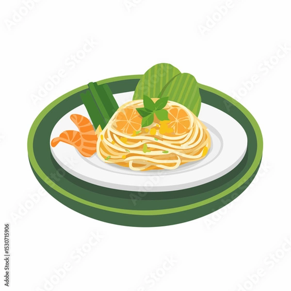 Fototapeta Flat Lay Illustration of Spaghetti with Lemon and Herbs on Dark Plate

