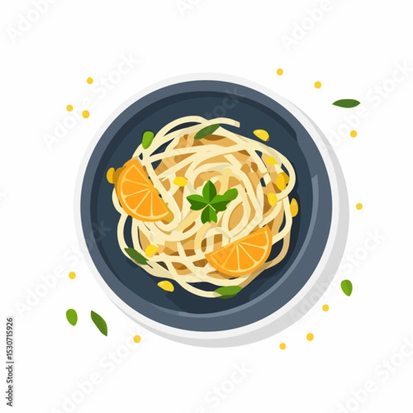 Fototapeta Flat Lay Illustration of Spaghetti with Lemon and Herbs on Dark Plate

