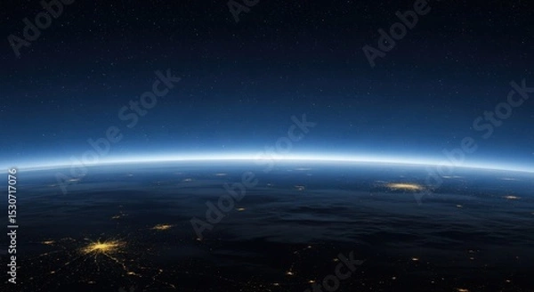 Obraz A view of earth from space showing city lights and the atmosphere against a dark blue starry sky