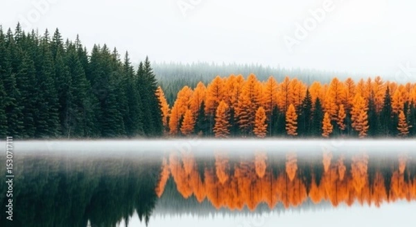 Obraz A serene lake reflects autumn trees and evergreen forest under a misty sky creating a peaceful scene
