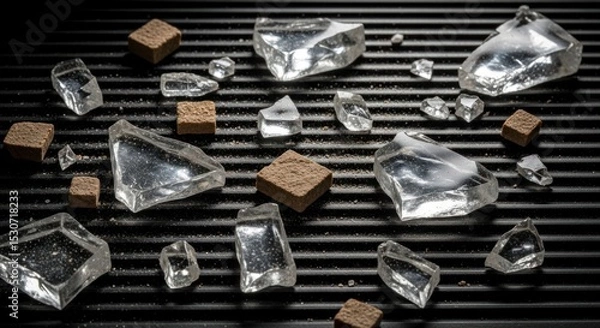 Obraz A collection of clear crystal shards and brown cubes scattered on a black slatted surface top view