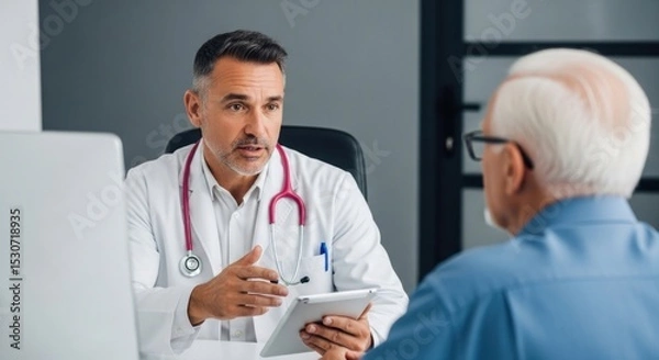 Obraz A doctor explaining something to an elderly patient while holding a tablet in a medical office room