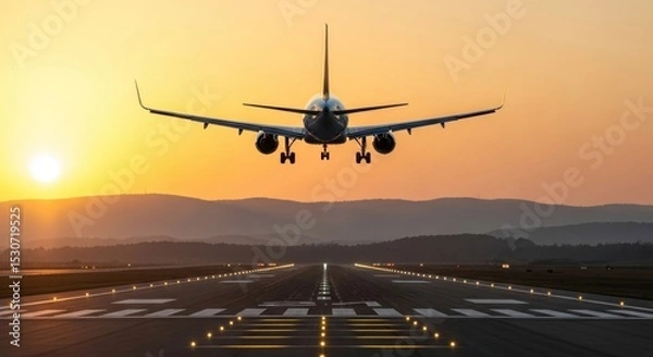 Obraz Airplane approaching runway during sunset with mountains and a golden sky in the background