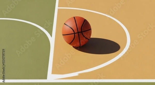 Obraz A basketball sitting on a basketball court with a shadow cast on the court surface near the free throw line