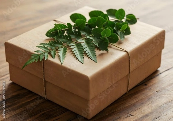 Obraz Eco-friendly gift box decorated with fern and eucalyptus on rustic wooden table