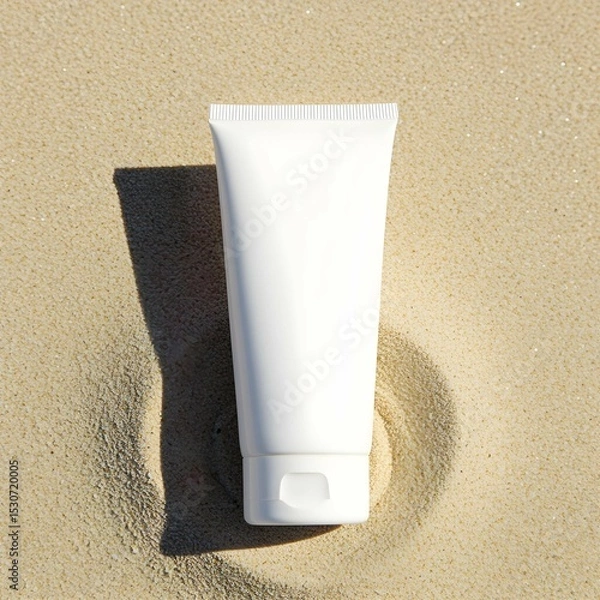 Fototapeta White cosmetic tube mockup on the beach sand casting a shadow