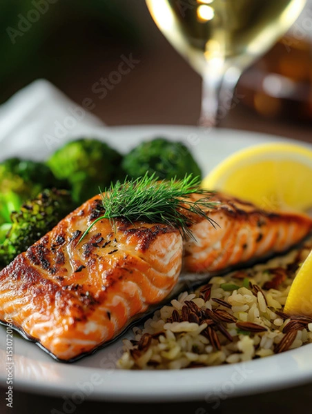 Obraz Grilled salmon fillet served with rice and vegetables at a dining table