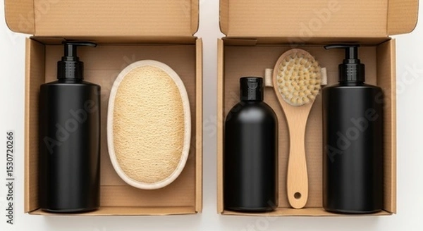 Obraz Two open cardboard boxes filled with black bottles and bath accessories on a white background
