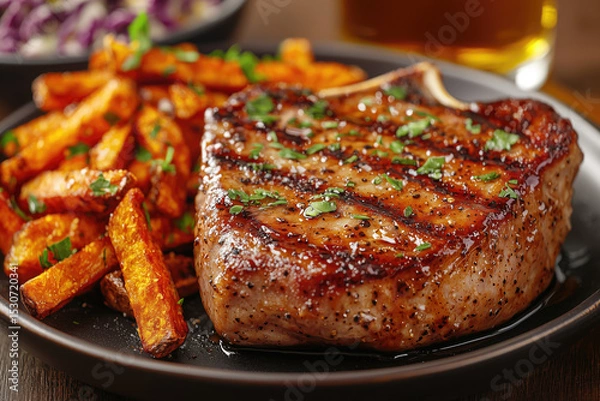 Obraz Grilled pork chop served with crispy fries and coleslaw