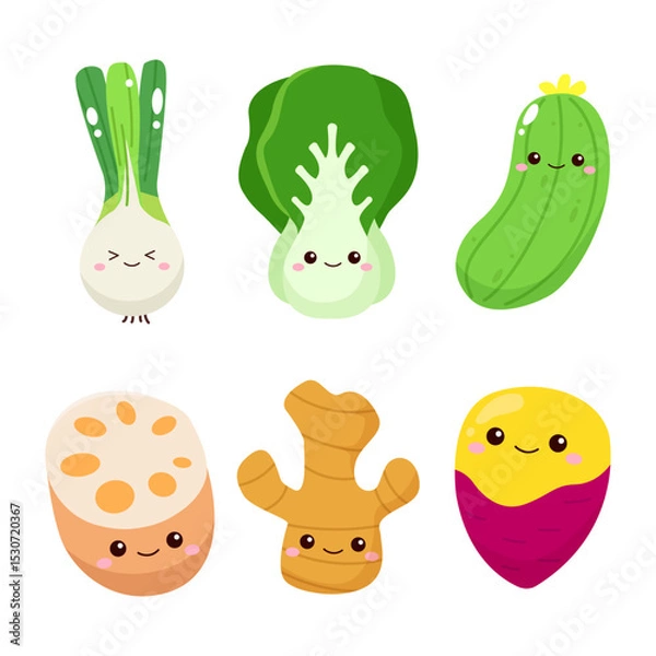 Obraz Cute vegetables mascot, scallion, bok choy, cucumber, lotus root, ginger, yam
