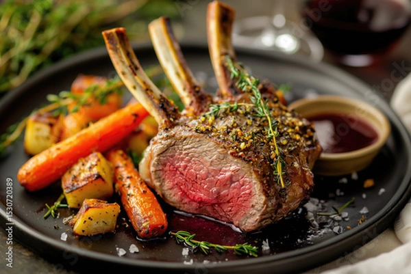Obraz Delicious lamb rack with roasted vegetables served in a cozy dining setting