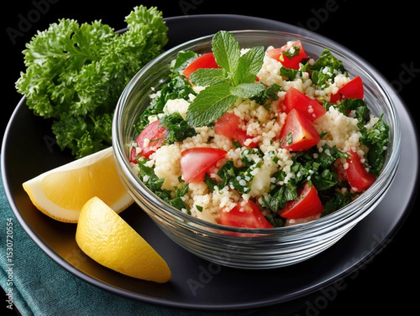 Obraz Tabbouleh salad with bulgur wheat, parsley, mint, tomatoes