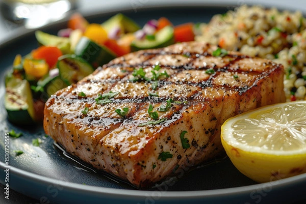Obraz Delicious seared tuna with lemon, quinoa, and grilled zucchini