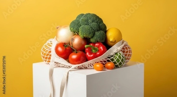 Obraz Still life of fresh produce in a reusable net bag on a white cube against a yellow background studio shot