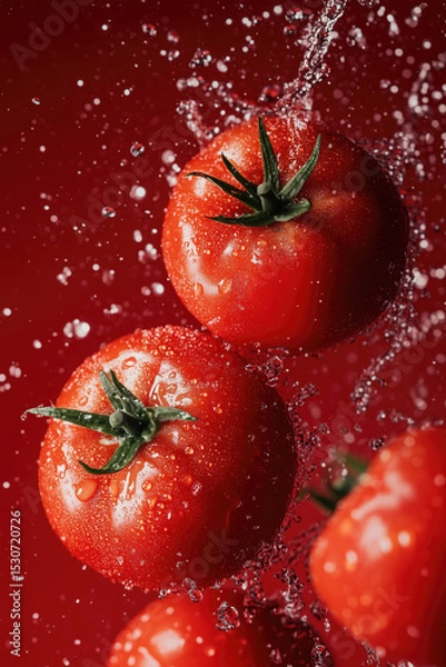 Obraz Fresh red tomatoes splashing in water against red backdrop for a vibrant culinary vibe
