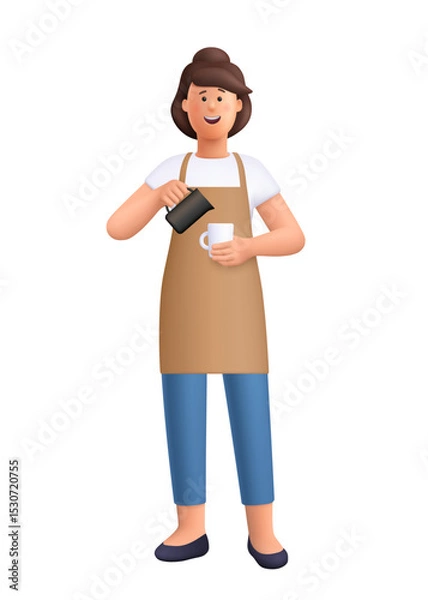 Obraz Young smiling female barista Jane pouring a drink into a coffee cup. Coffee shop, coffee time concept. 3d vector people character. Cartoon minimal style.