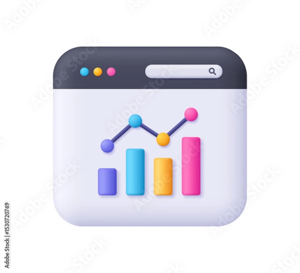 Obraz Web page and growth bar chart with columns and upward arrow. Financial stock market, data analysis and business concept. 3d vector icon. Cartoon minimal style.