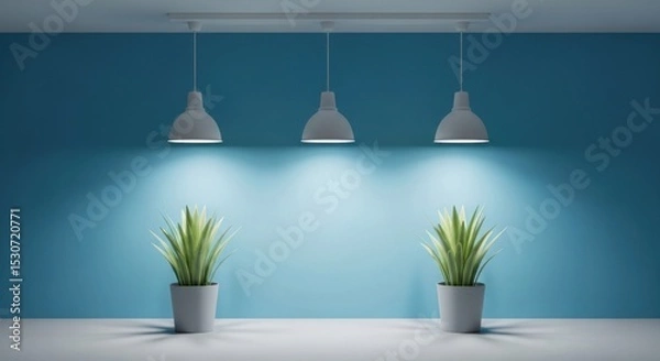 Obraz Three pendant lights illuminate two potted plants against a blue wall in a minimalist interior space