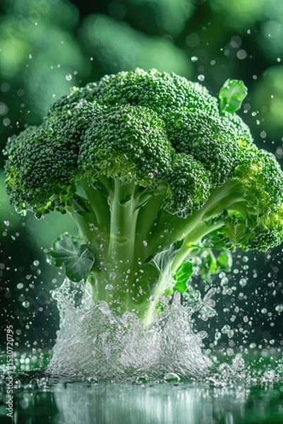 Obraz Fresh broccoli splashing in water with droplets