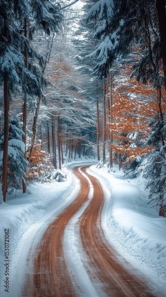 Obraz Snowy winter road winding through a forest with colorful leaves in the background