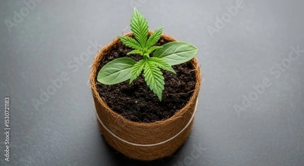 Obraz A small cannabis plant growing in a brown pot with soil against a gray background in a close up shot